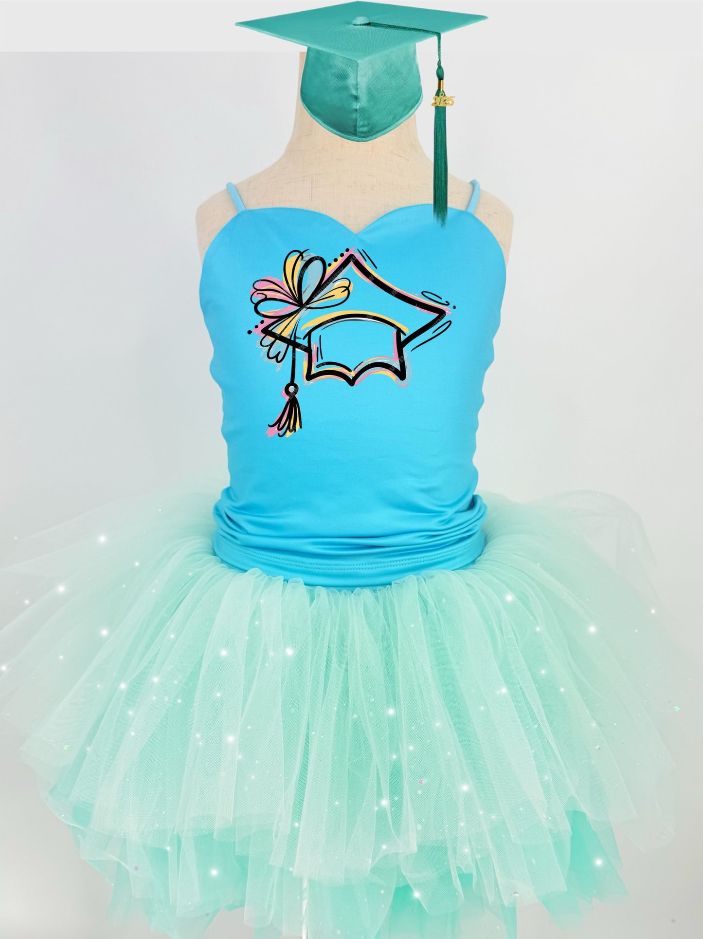 Graduation cap two piece bamboo glitter soft tulle teal or pink
