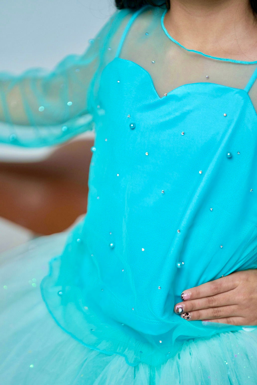 Teal Three piece set with pearl rhinestone mesh