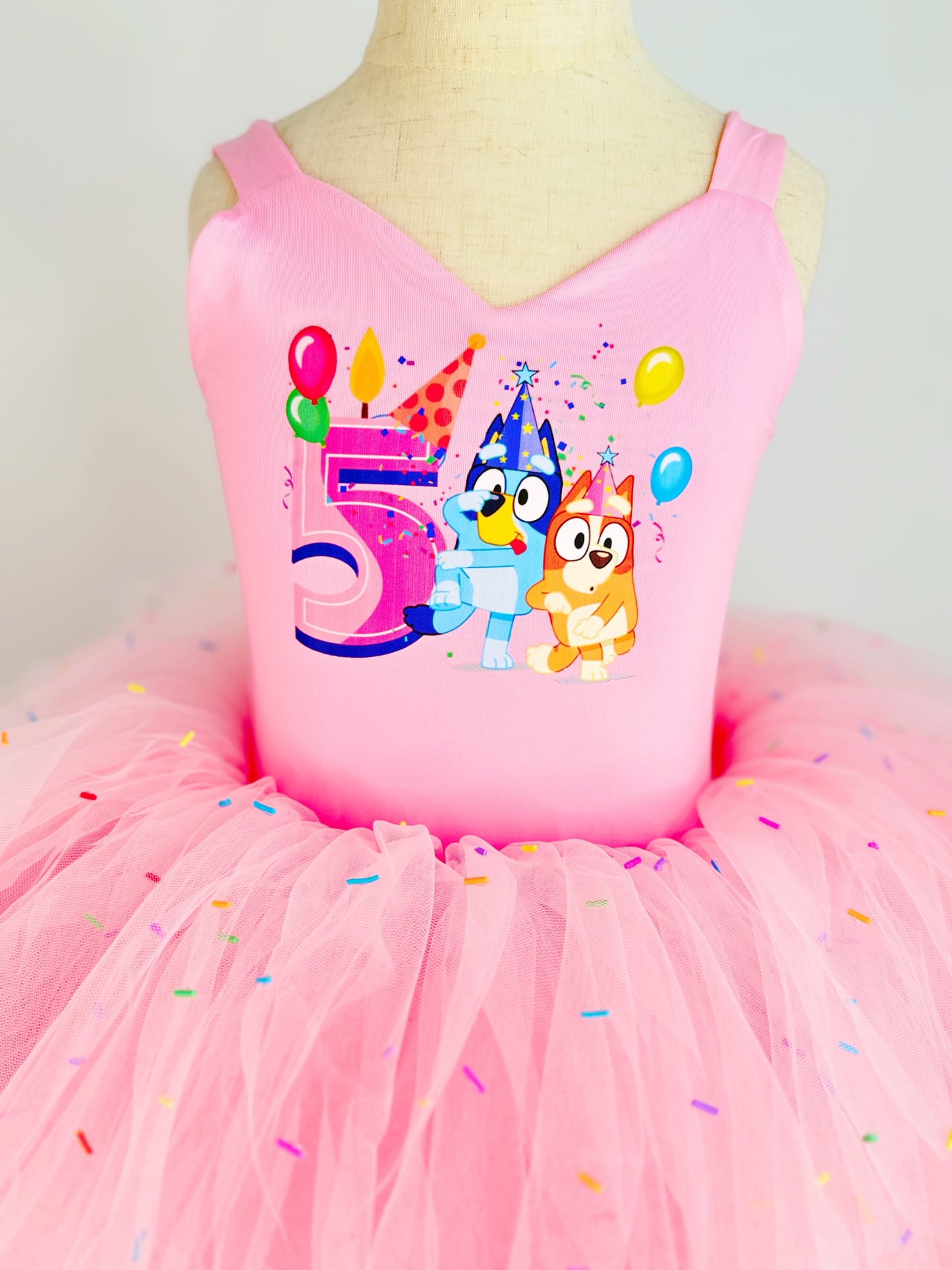 Birthday bluey with sprinkles on tulle ombré pink soft tulle