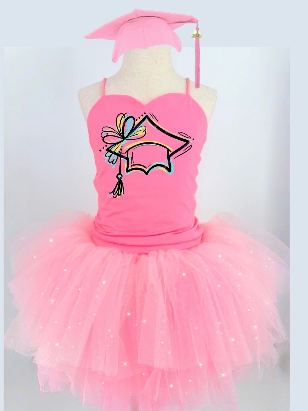 Graduation cap two piece bamboo glitter soft tulle teal or pink
