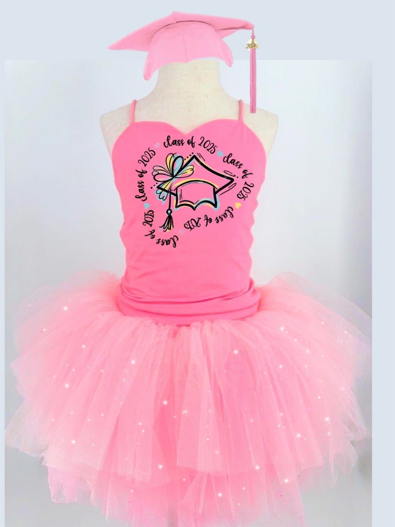 Graduation 2025 cap two piece bamboo glitter soft tulle teal or pink