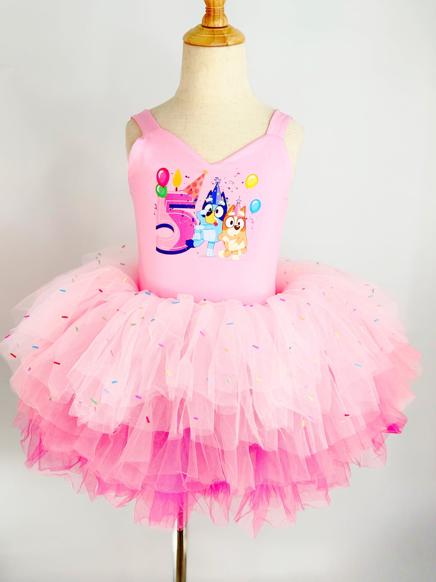 Birthday bluey with sprinkles on tulle ombré pink soft tulle