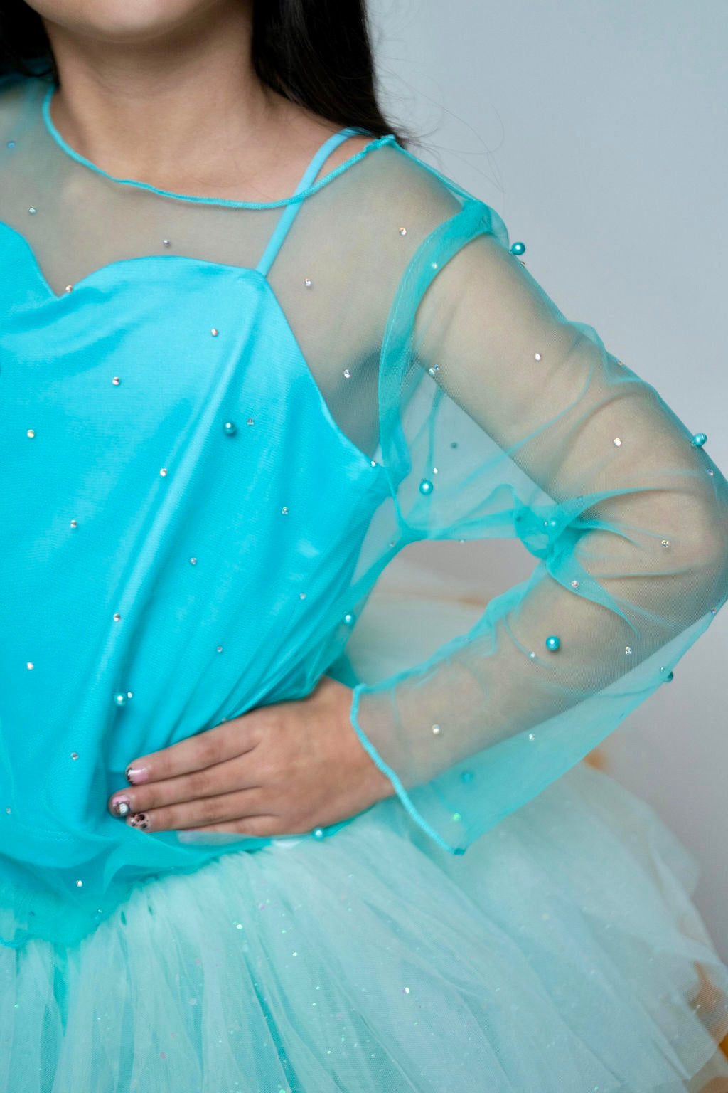 Teal Three piece set with pearl rhinestone mesh