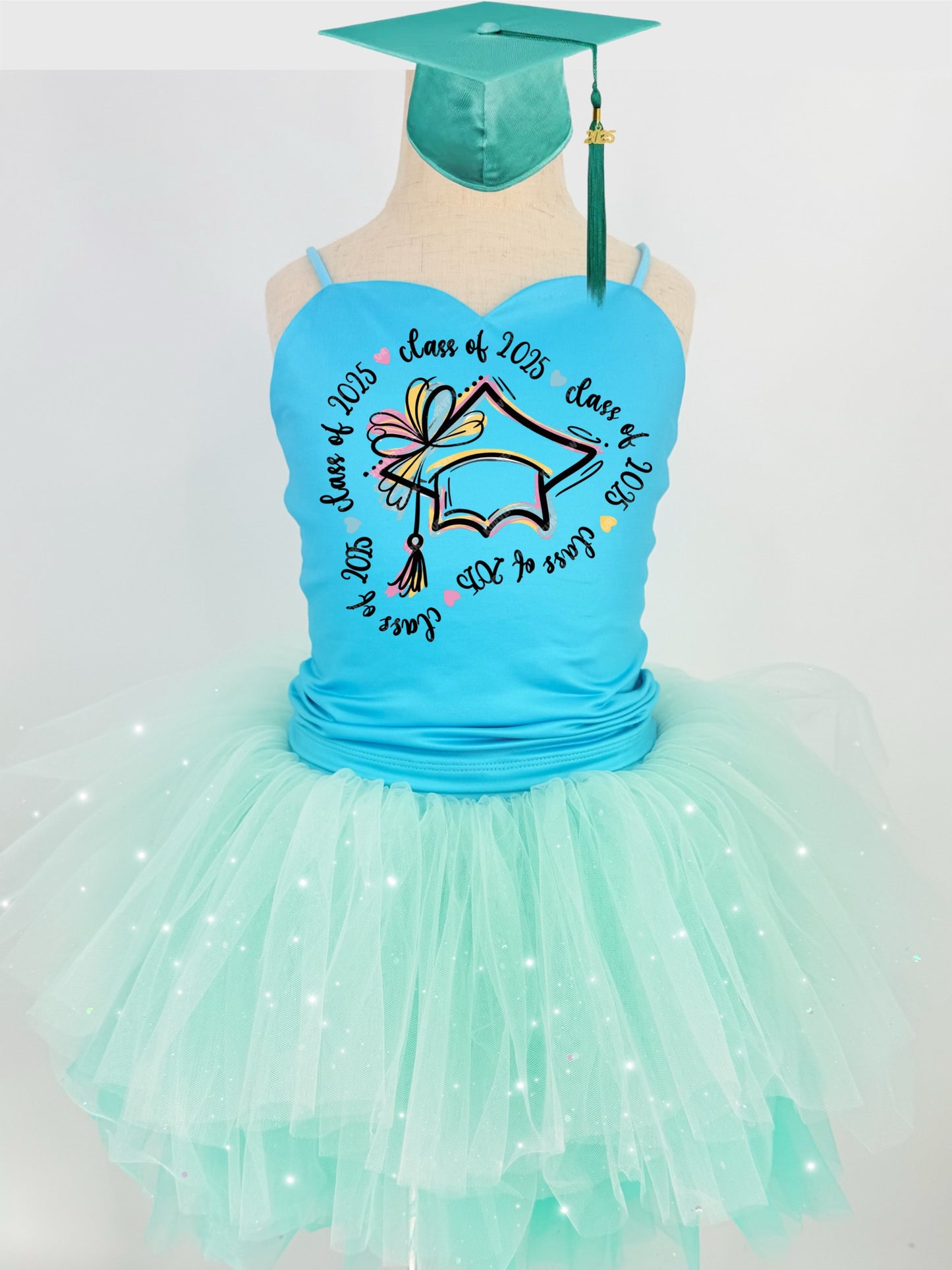 Graduation 2025 cap two piece bamboo glitter soft tulle teal or pink