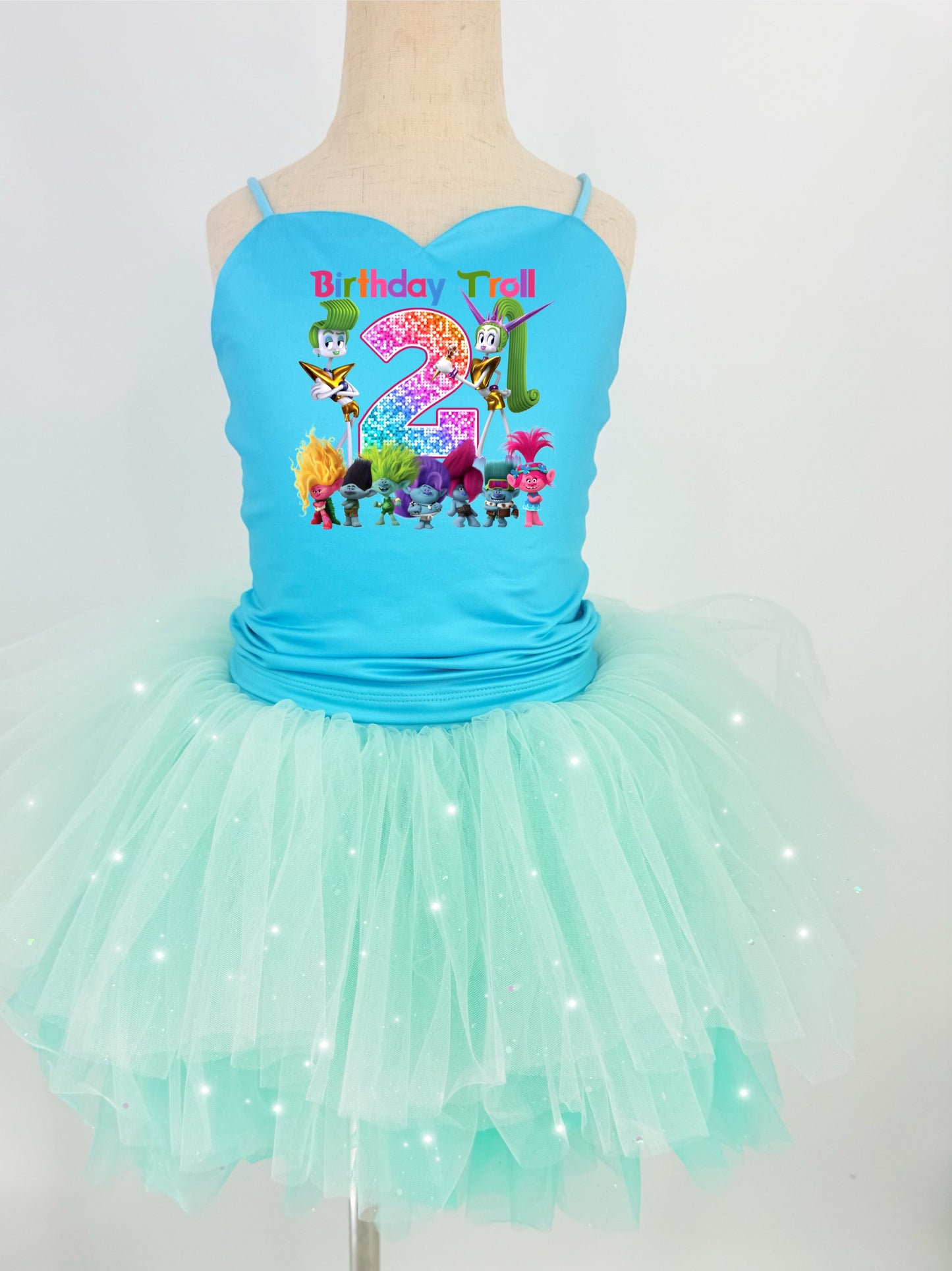 Trolls birthday two piece bamboo glitter soft tulle teal or pink