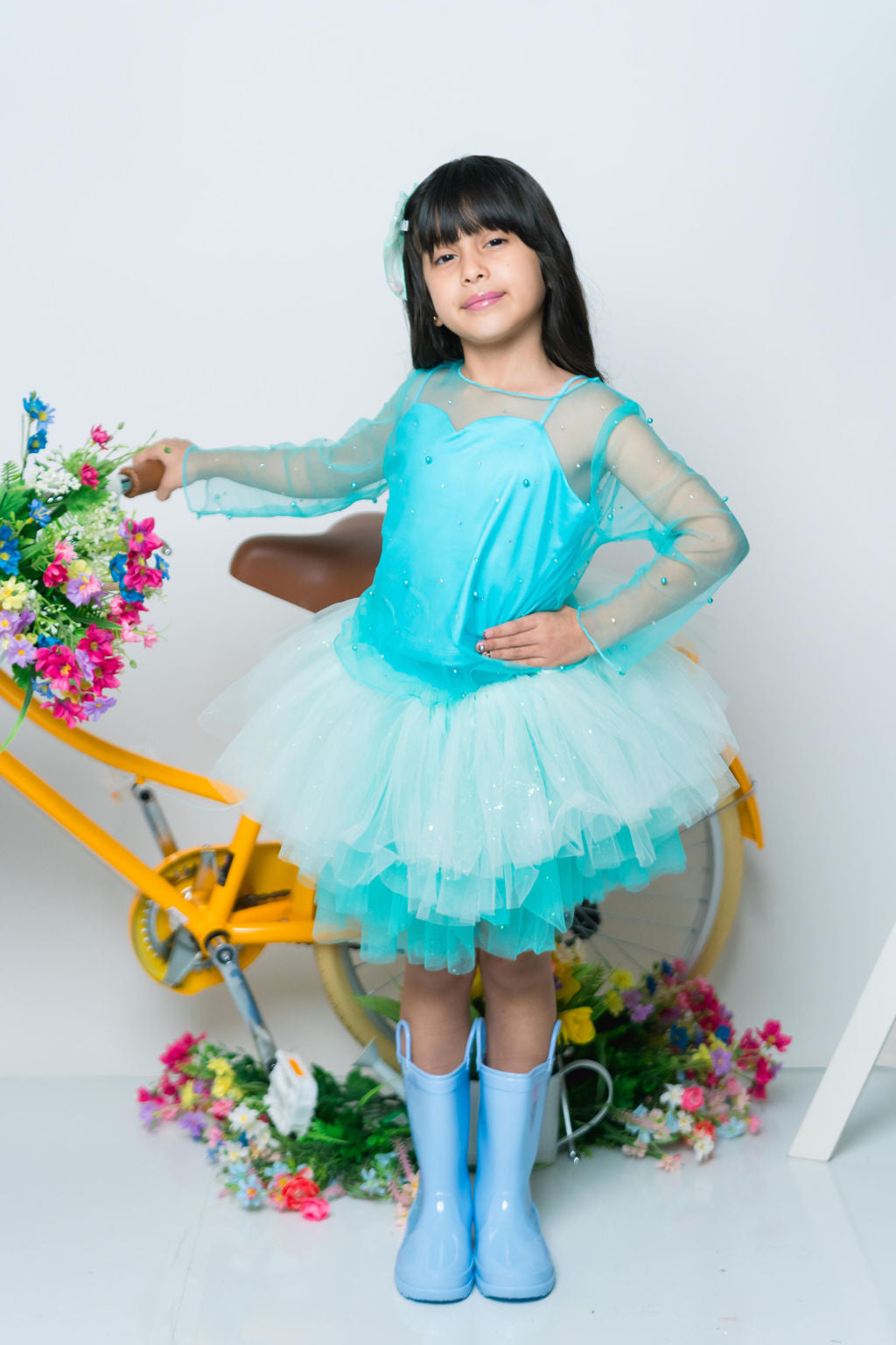 Teal Three piece set with pearl rhinestone mesh