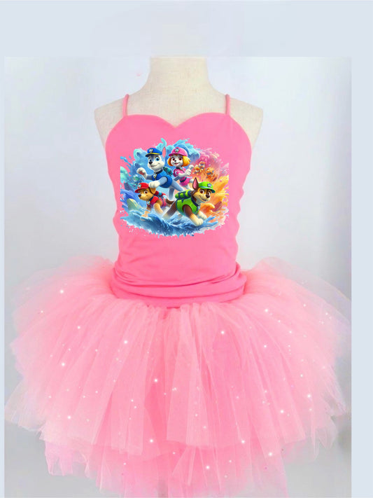 Paw patrol friends water splash  two piece bamboo glitter soft tulle teal or pink