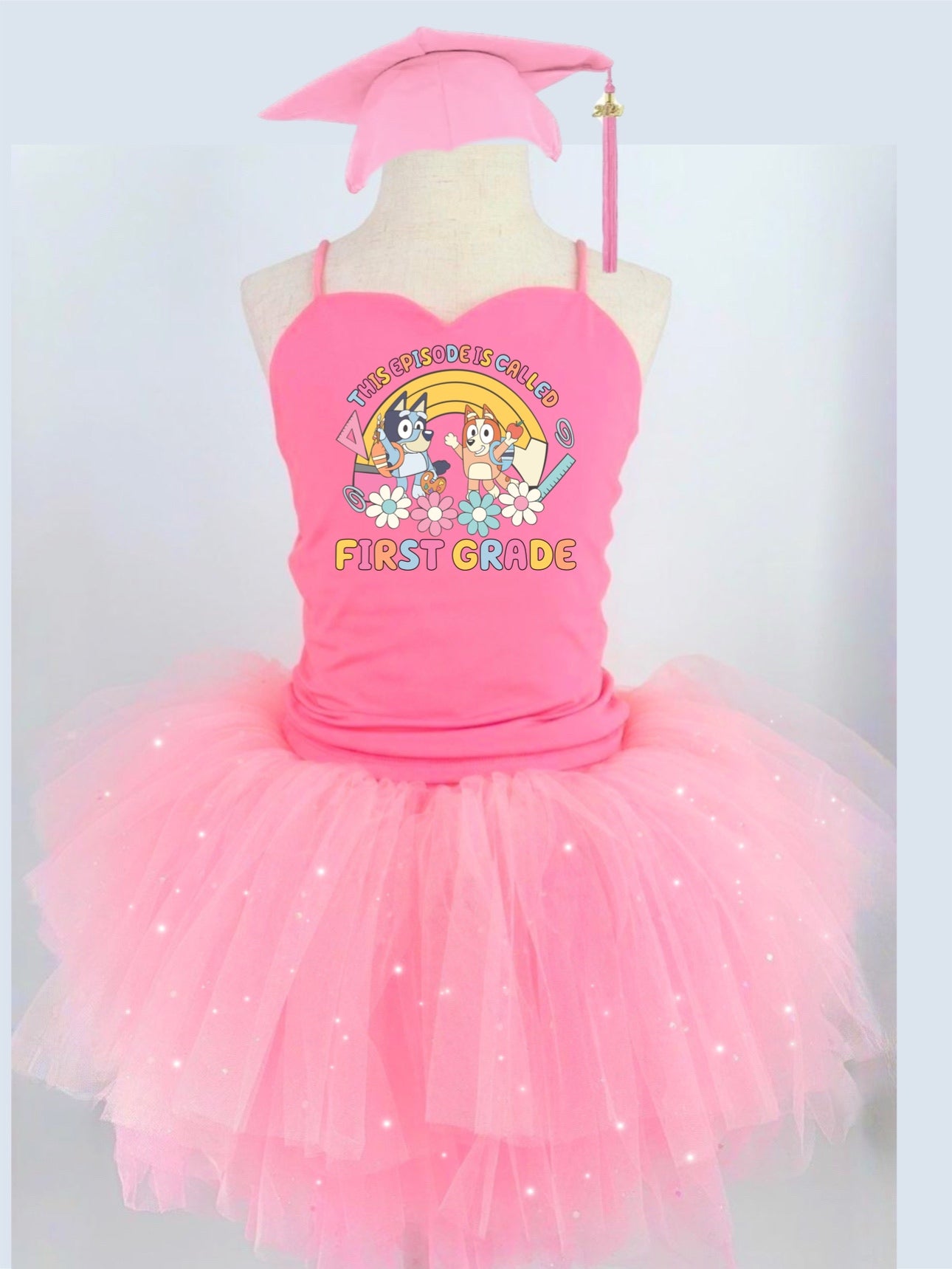 Bluey school two piece bamboo glitter soft tulle teal or pink