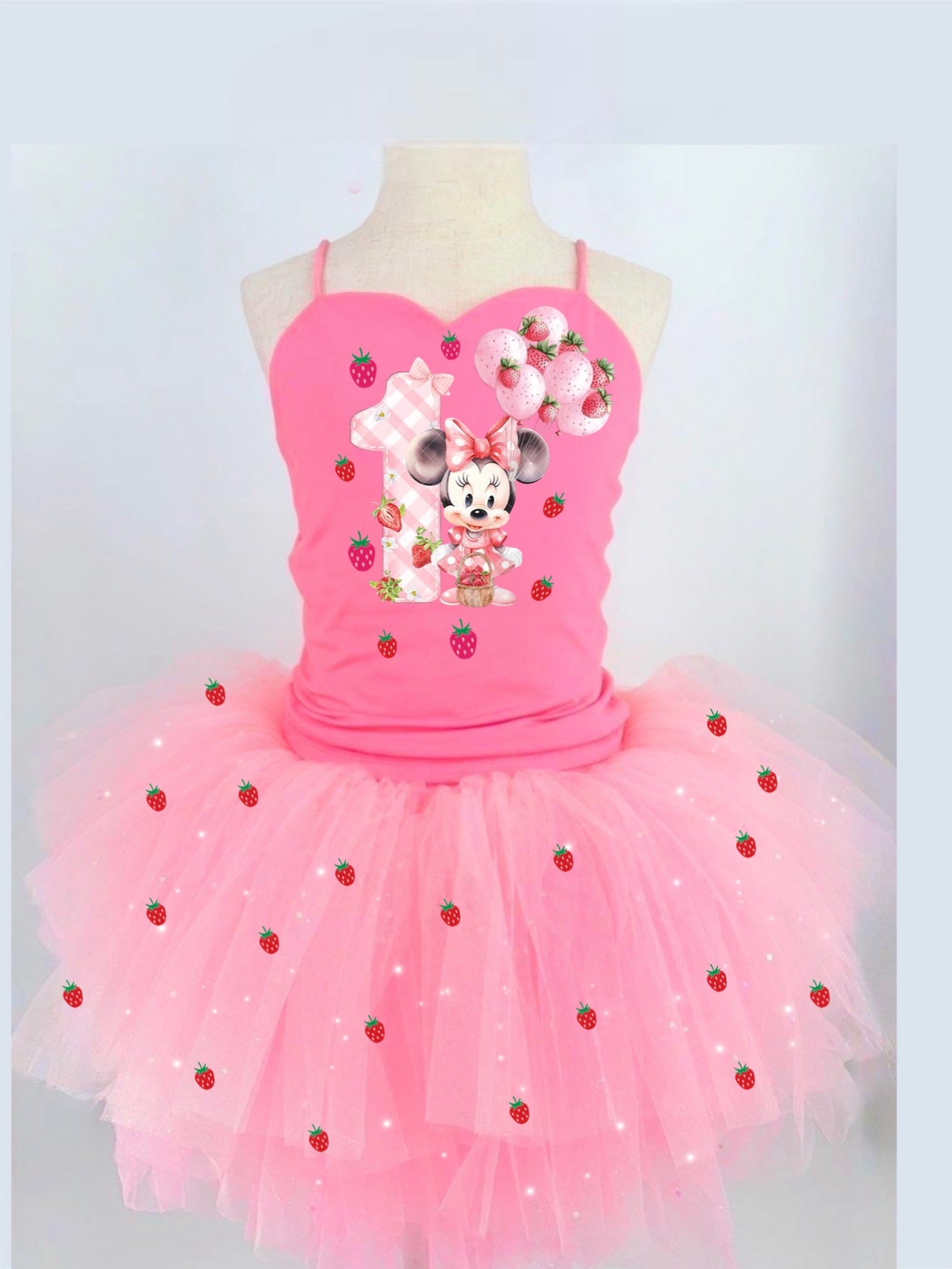 Berry first birthday Minnie embellishments on tulle and top, on a ombré pink soft tulle two piece tutu set