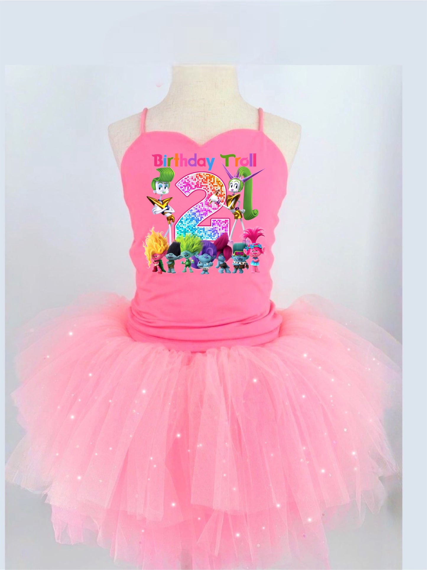 Trolls birthday two piece bamboo glitter soft tulle teal or pink
