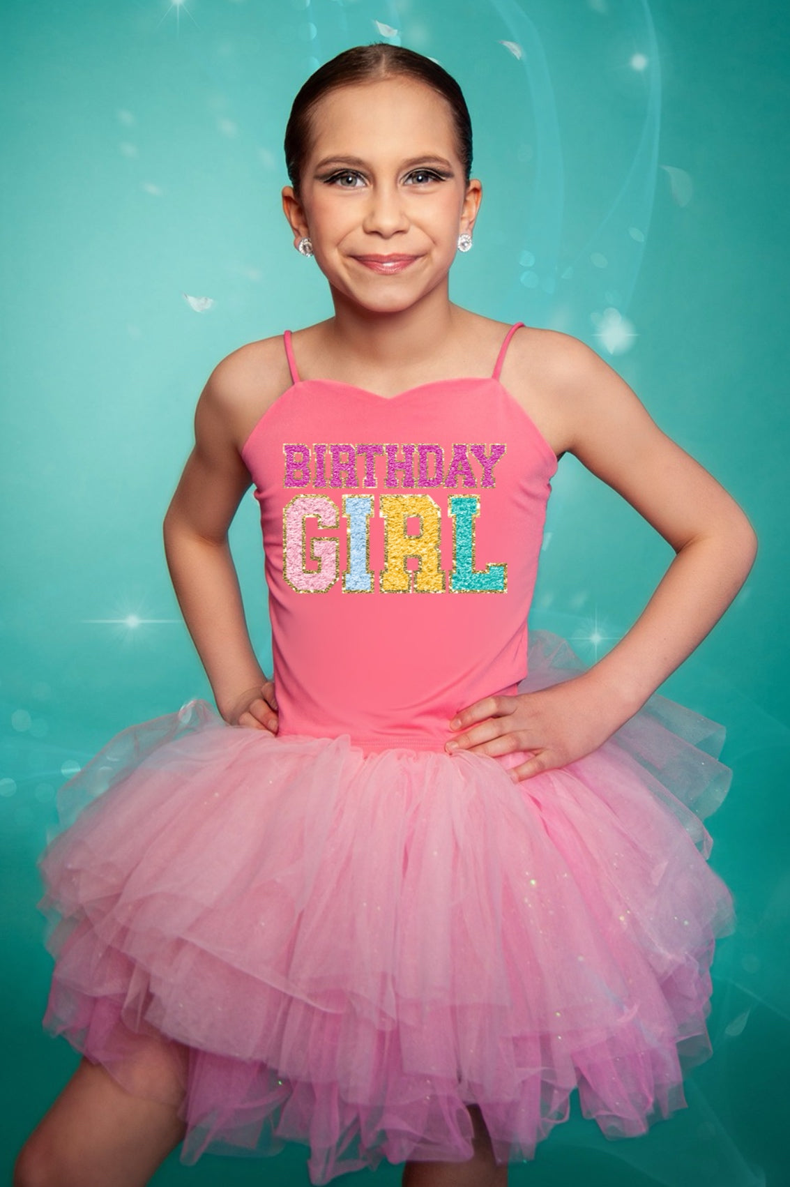 Birthday girl pink two piece bamboo set with shorts- faux chenille letters
