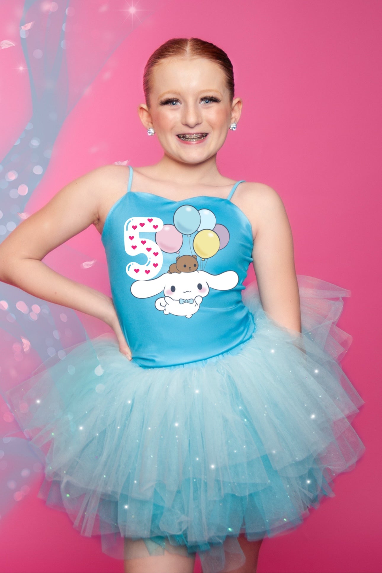 Cinammon roll birthday two piece bamboo glitter soft tulle teal or pink -customizable
