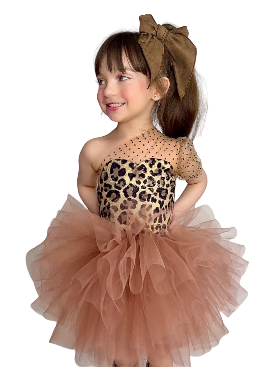 Leopard one shoulder soft tulle tutu leotard