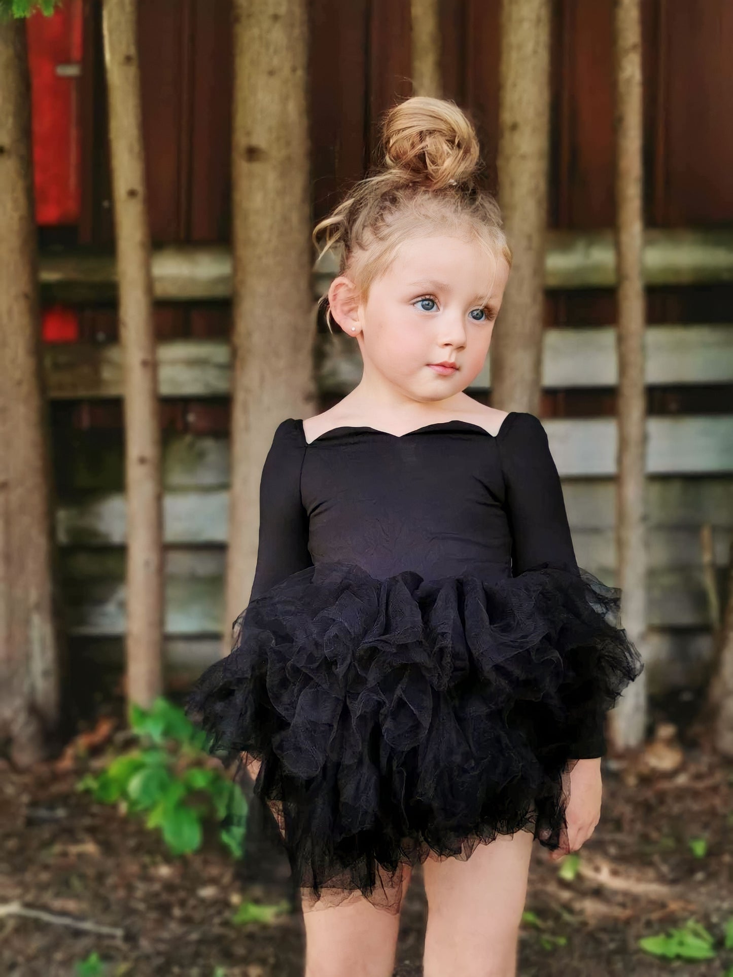 Long sleeve black sweetheart neckline soft tulle tutu leotard