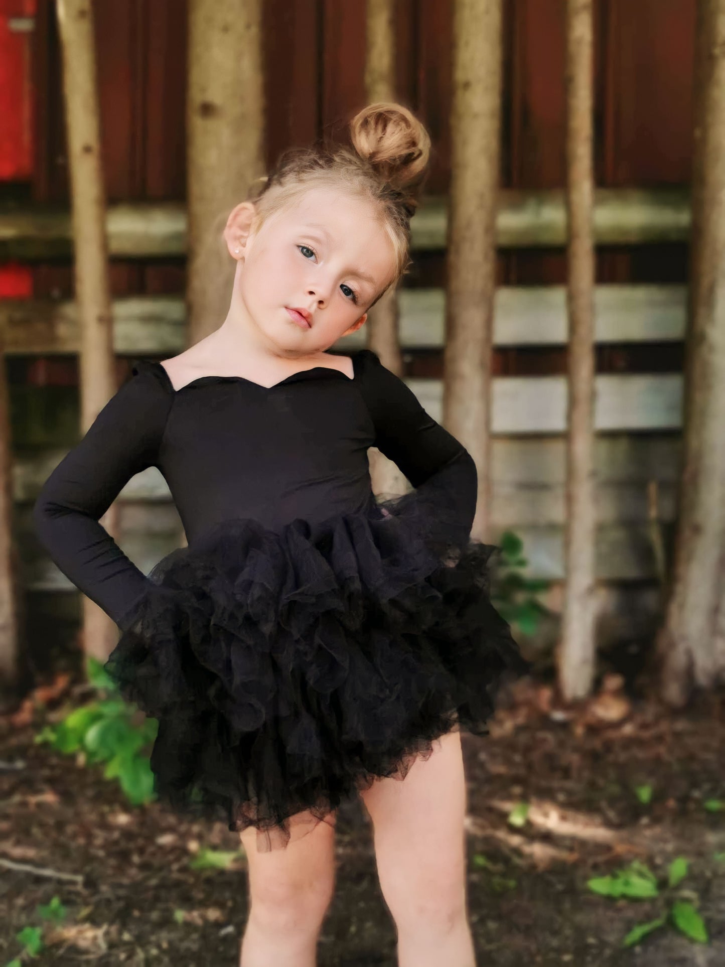 Long sleeve black sweetheart neckline soft tulle tutu leotard