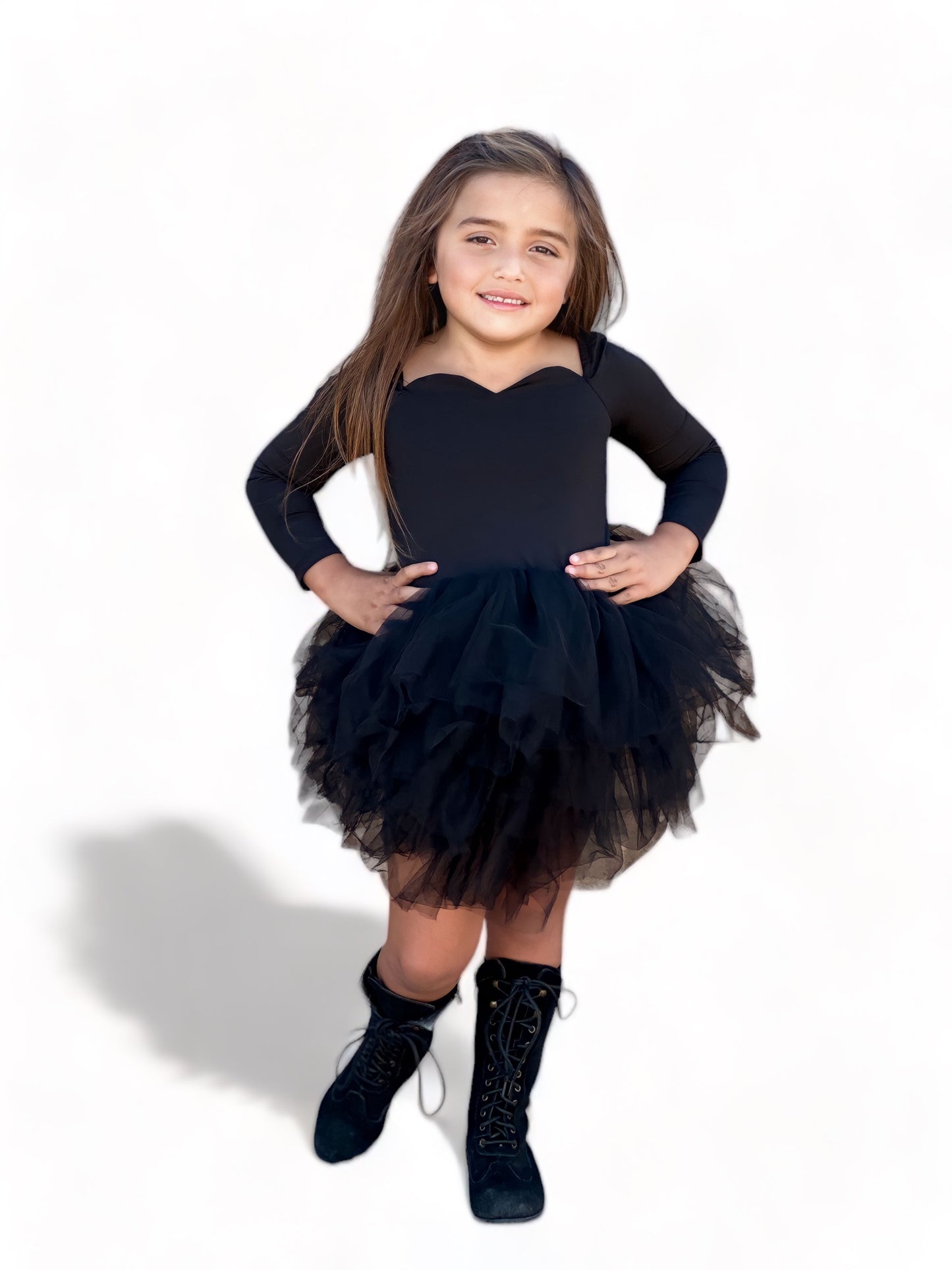 Long sleeve black sweetheart neckline soft tulle tutu leotard
