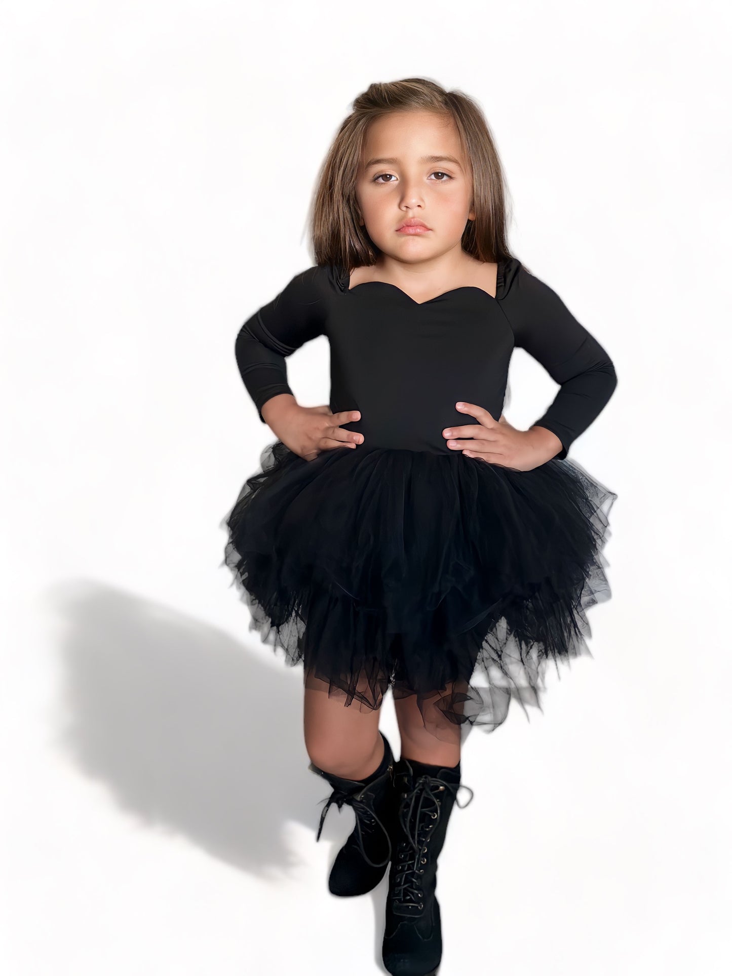 Long sleeve black sweetheart neckline soft tulle tutu leotard
