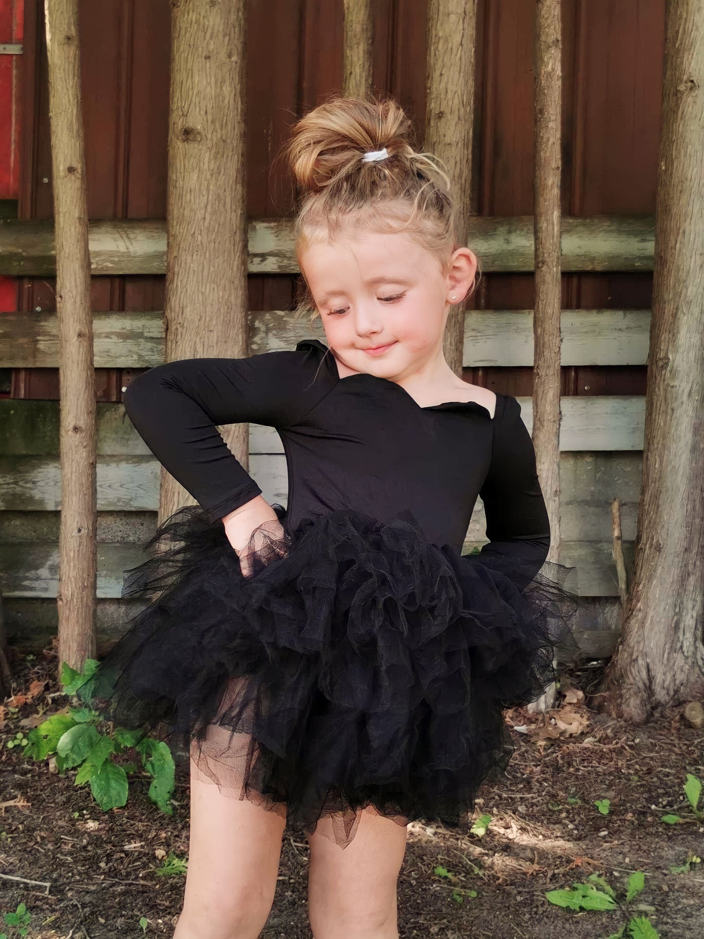 Long sleeve black sweetheart neckline soft tulle tutu leotard