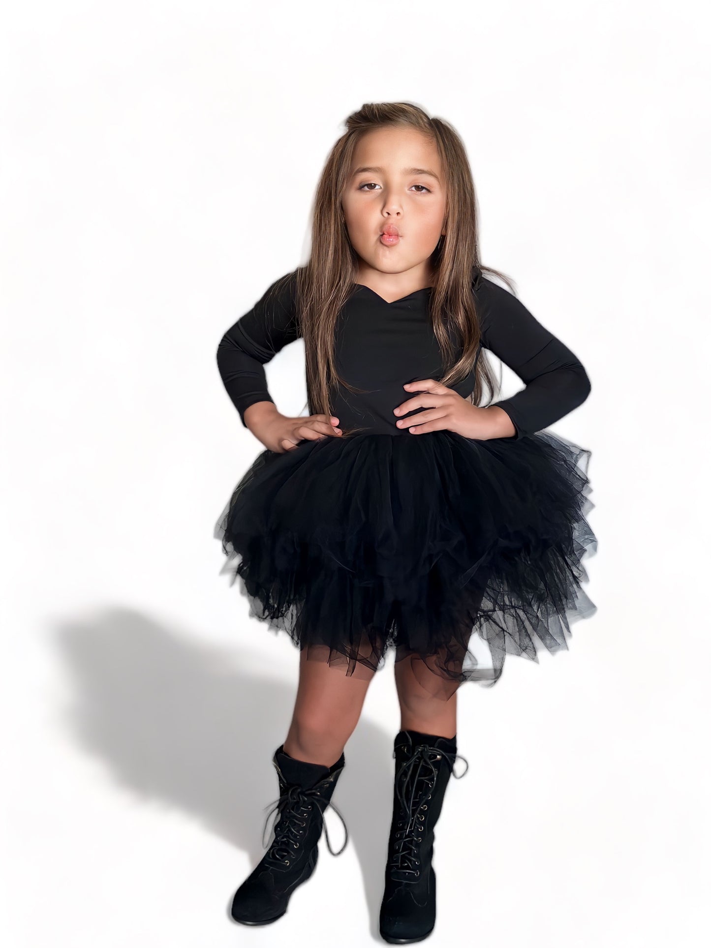 Long sleeve black sweetheart neckline soft tulle tutu leotard