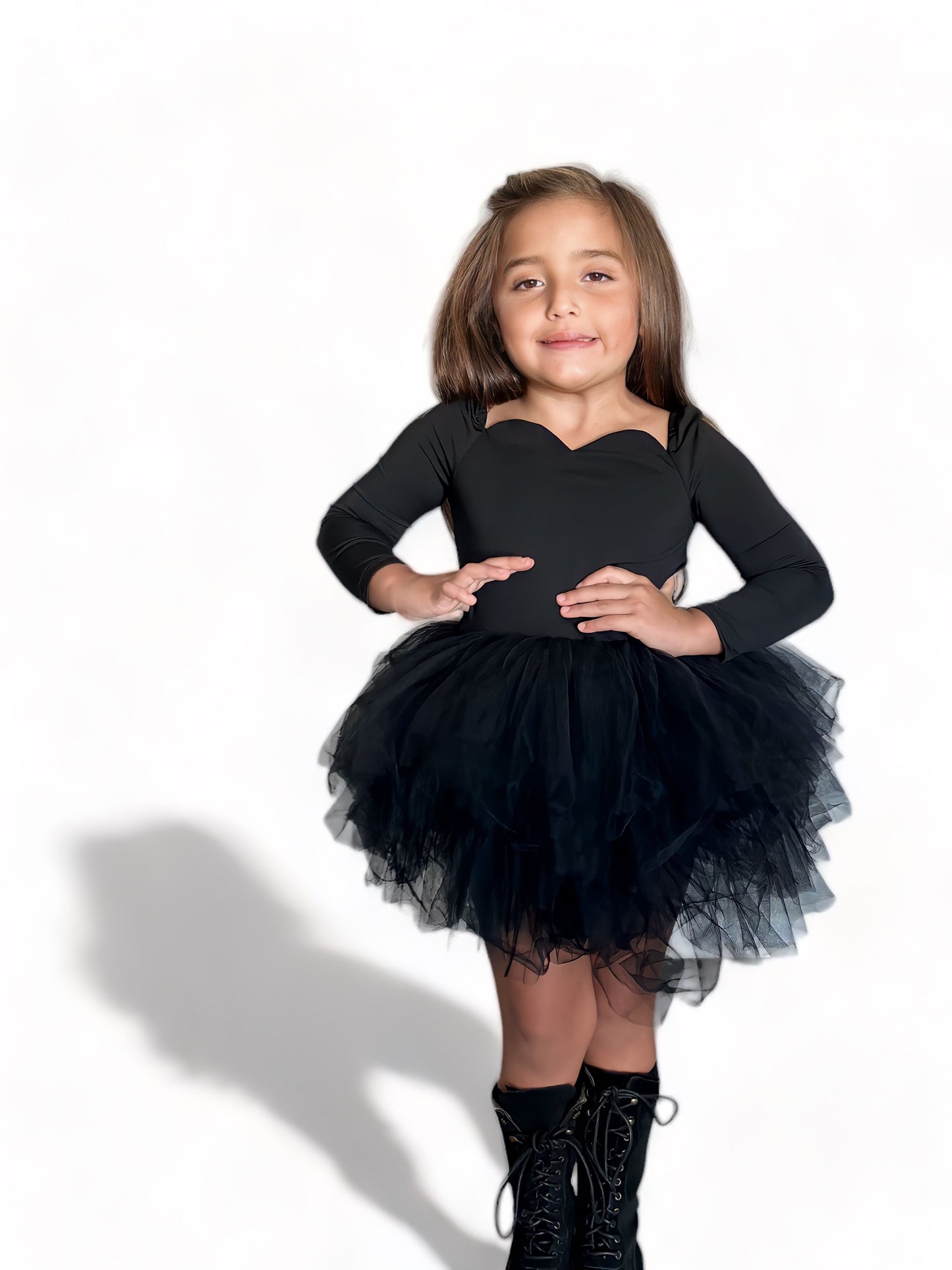 Long sleeve black sweetheart neckline soft tulle tutu leotard