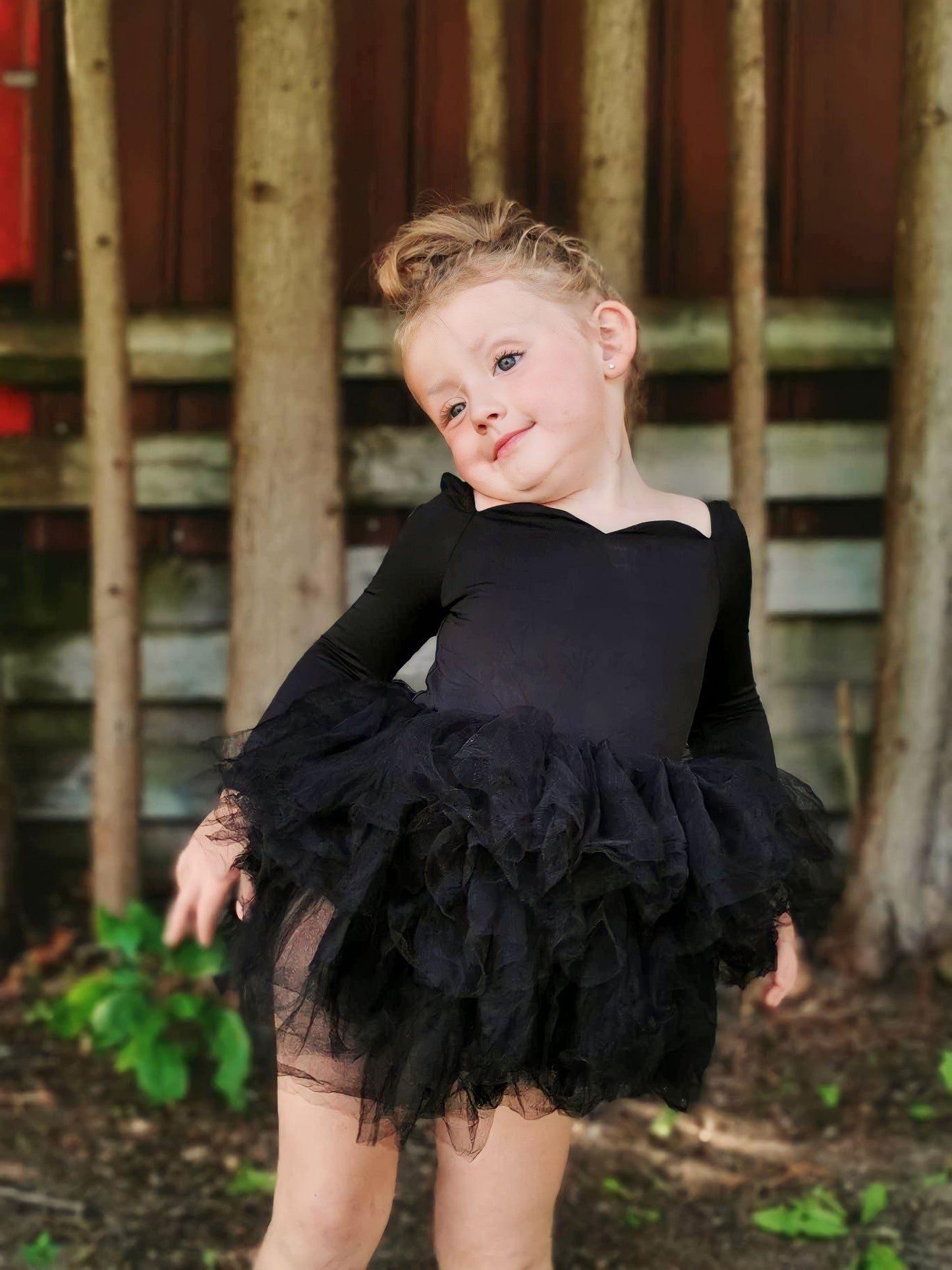 Long sleeve black sweetheart neckline soft tulle tutu leotard