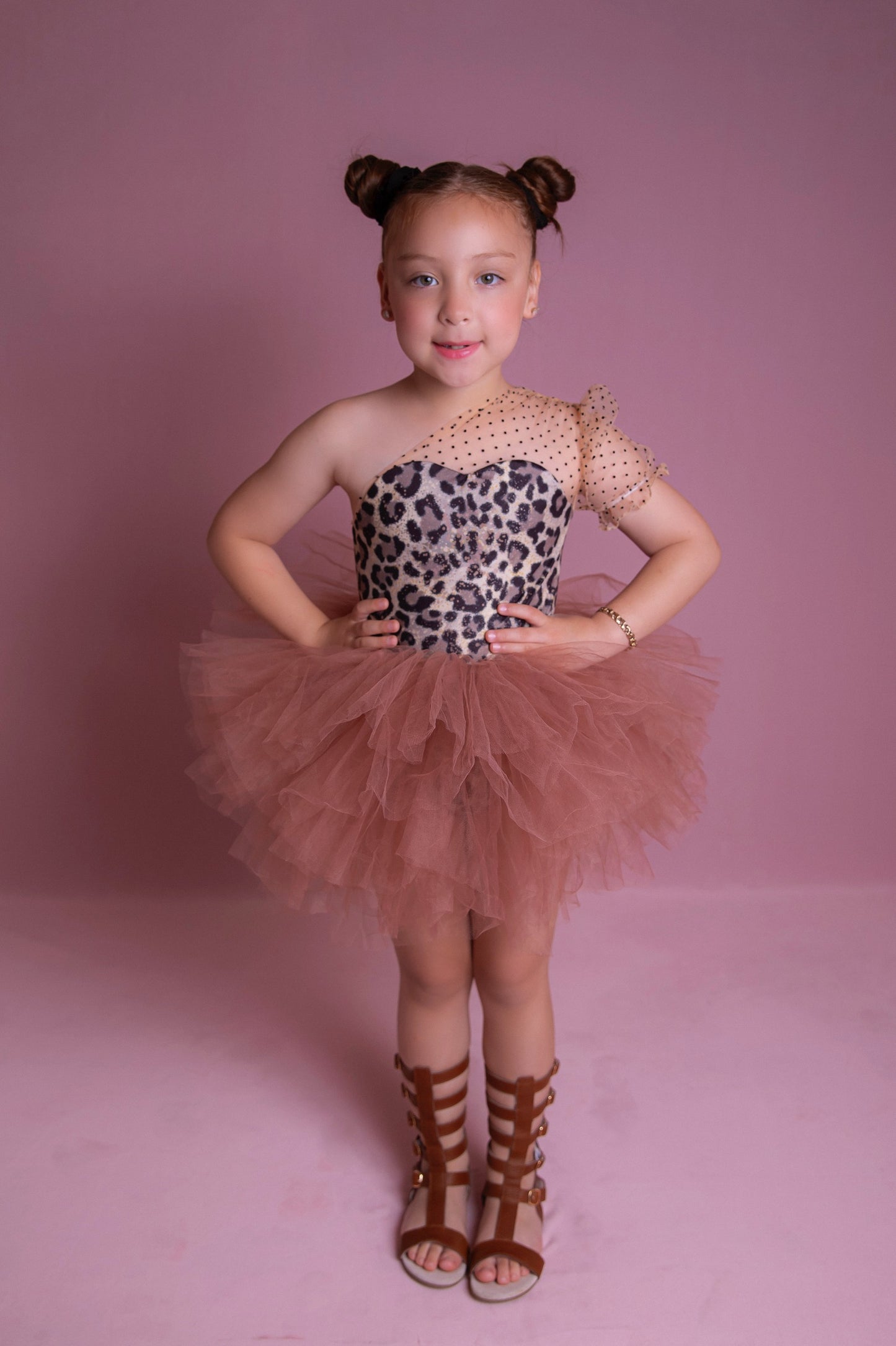 Leopard one shoulder soft tulle tutu leotard