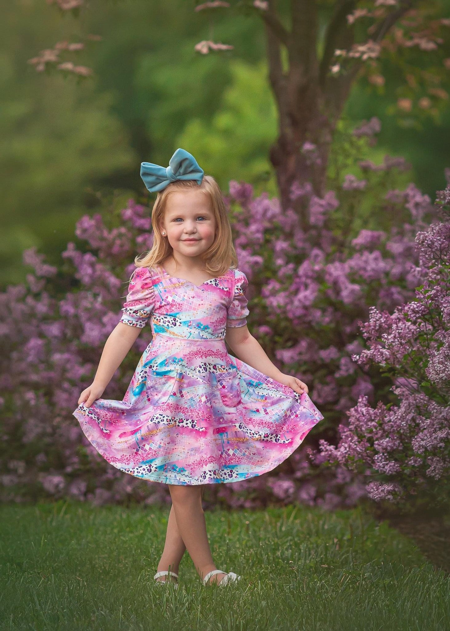 LilacPink Leopard puff sleeve twirl dress