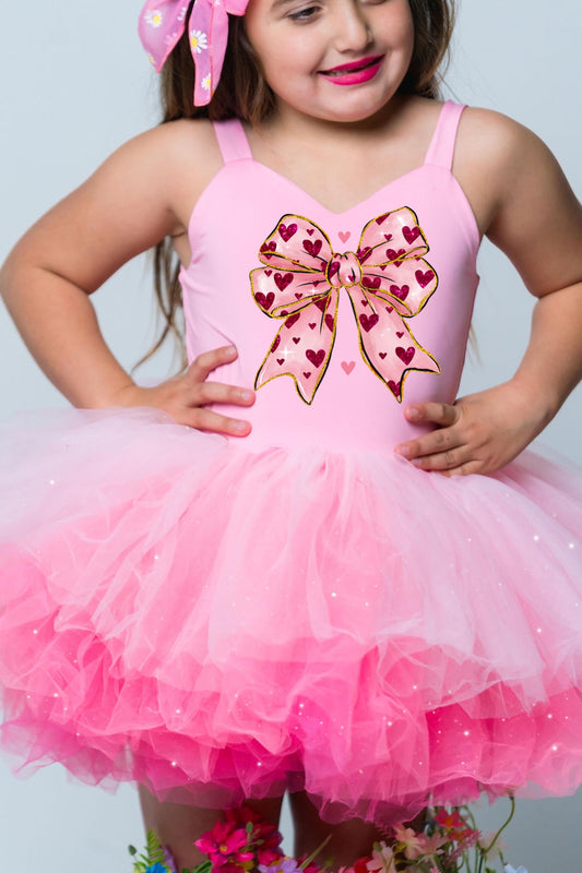 Pink heart coquette image on a one piece pink ombré with glitter soft tulle