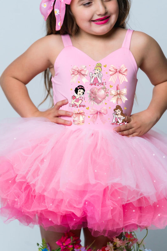 Princess coquette image on a one piece pink ombré with glitter soft tulle