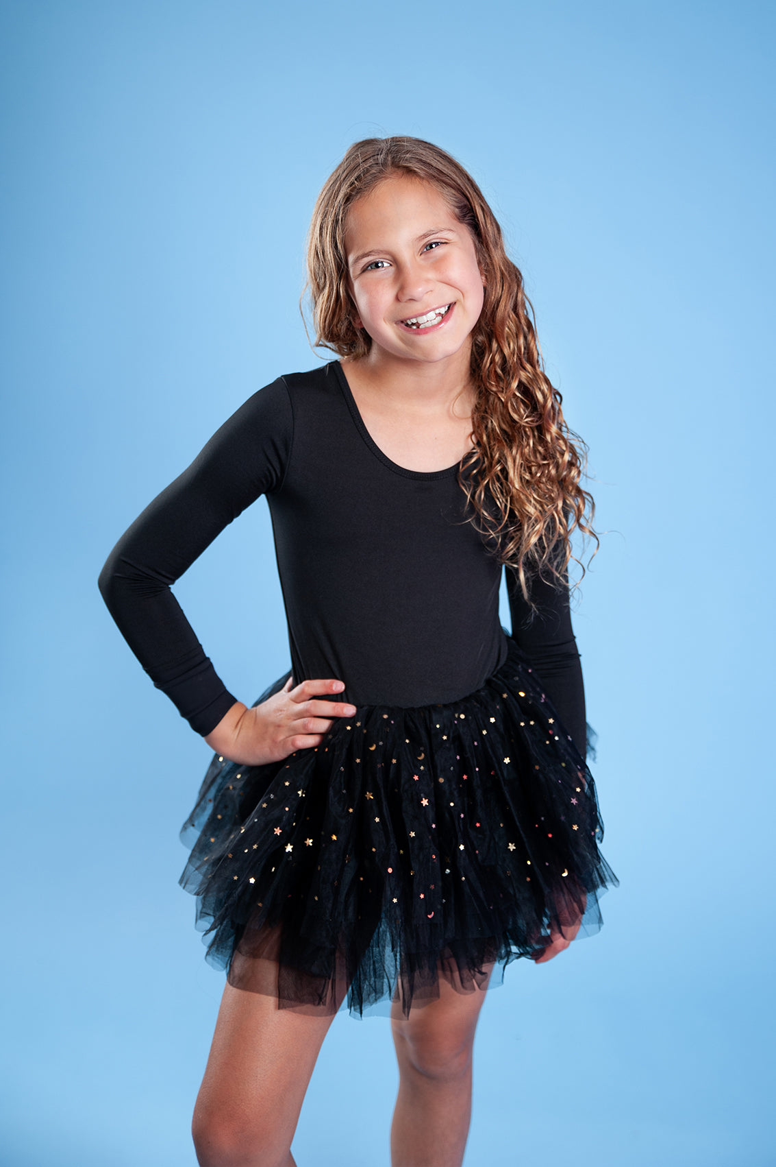 Black long sleeve glitter tulle