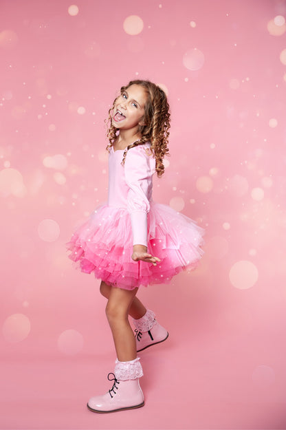 Solid pink tutu 2 piece set long sleeve 6 LAYERS GLITTER TULLE