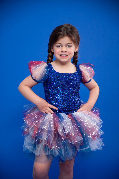 Blue sequin sheer puff sleeve 4 of July TOP ONLY NO TUTU