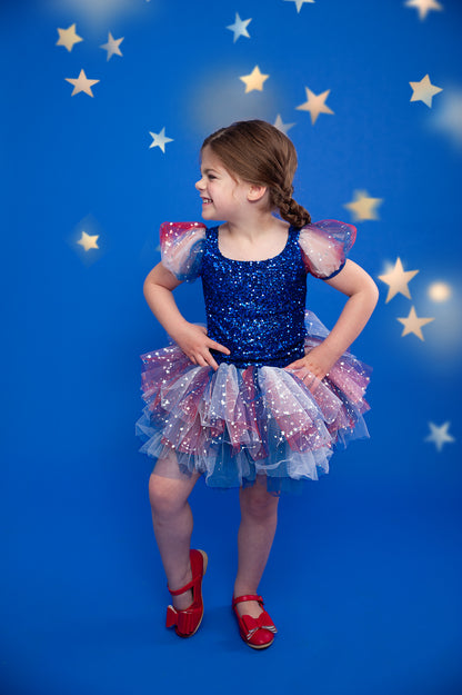 Blue sequin sheer puff sleeve 4 of July TOP ONLY NO TUTU