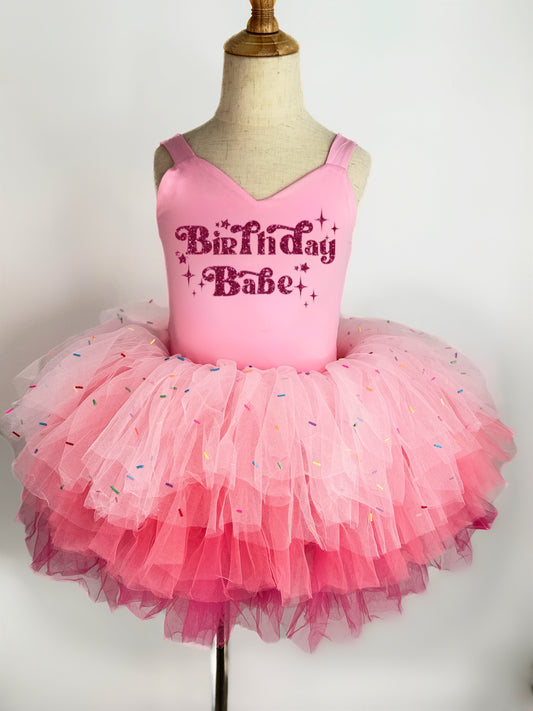 Birthday girl with sprinkles on tulle ombré pink soft tulle