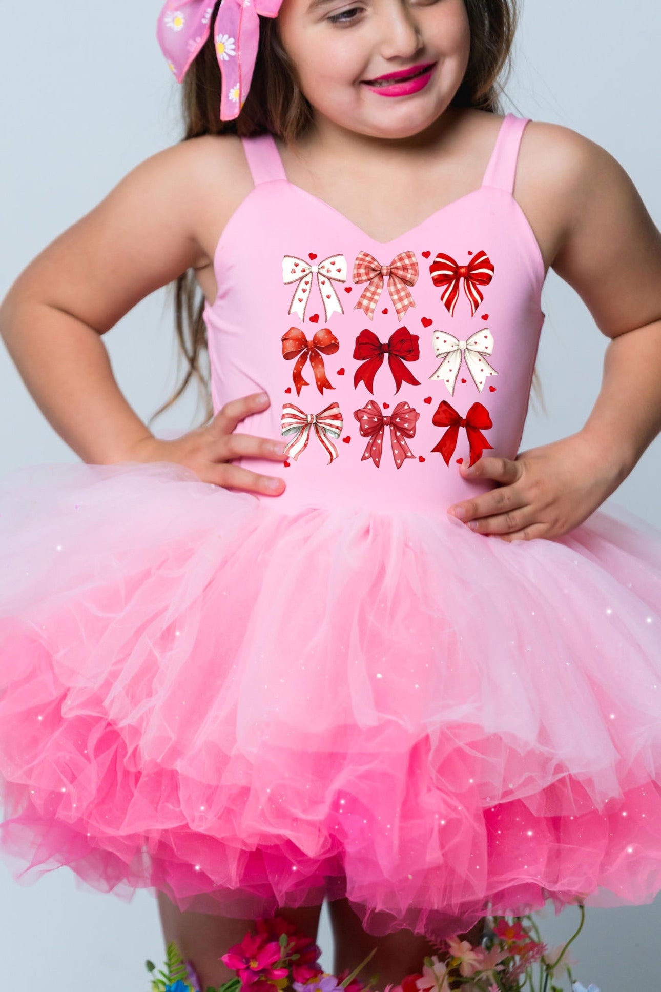 Red coquette image on a one piece pink ombré with glitter soft tulle