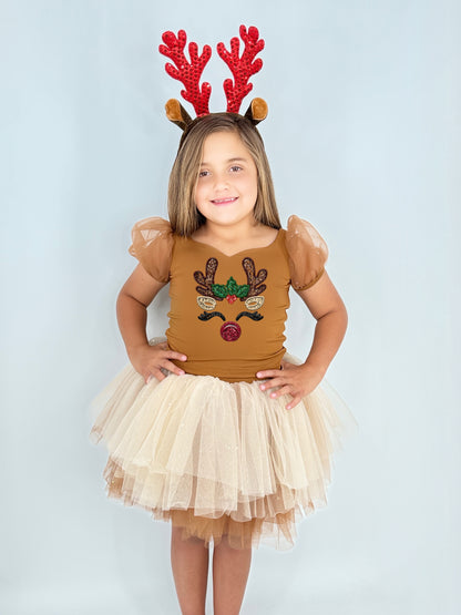 Reindeer on brown two piece tutu set choose your top solid or reindeer print