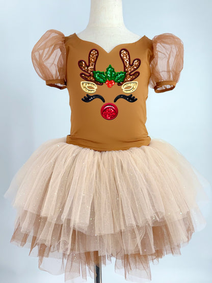 Reindeer on brown two piece tutu set choose your top solid or reindeer print