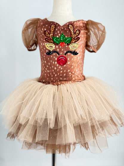 Reindeer on brown two piece tutu set choose your top solid or reindeer print