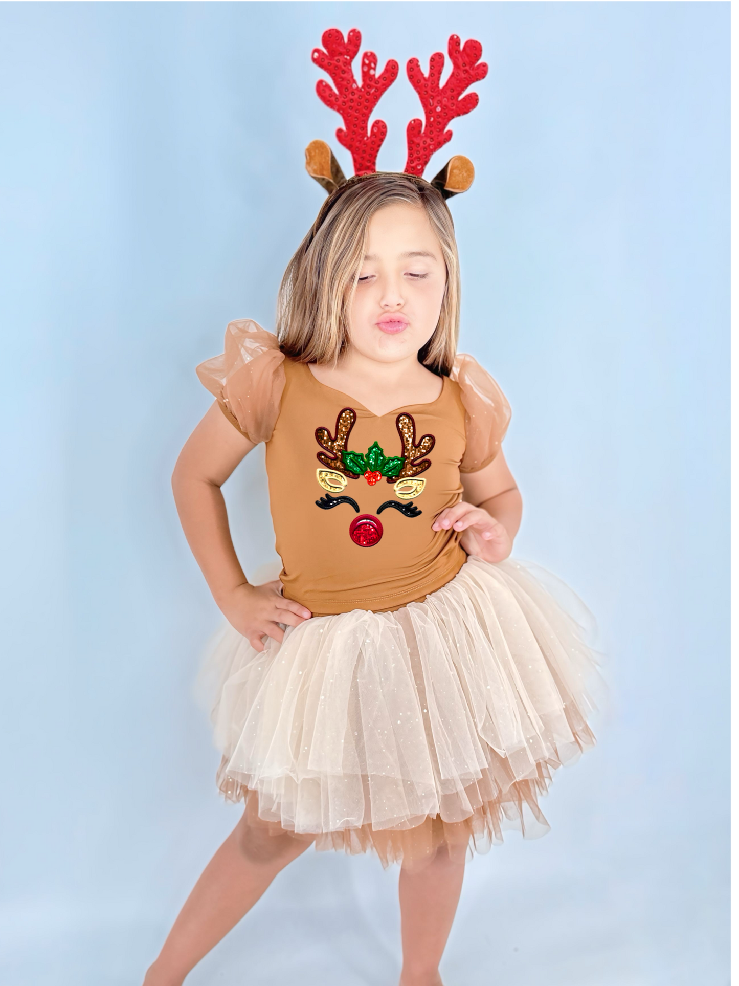 Reindeer on brown two piece tutu set choose your top solid or reindeer print