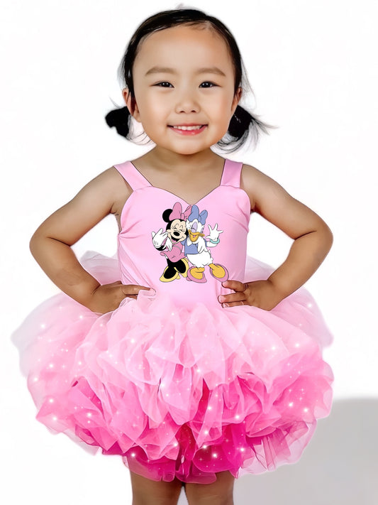 Minnie and daisy pastel image on a one piece pink ombré with glitter soft tulle