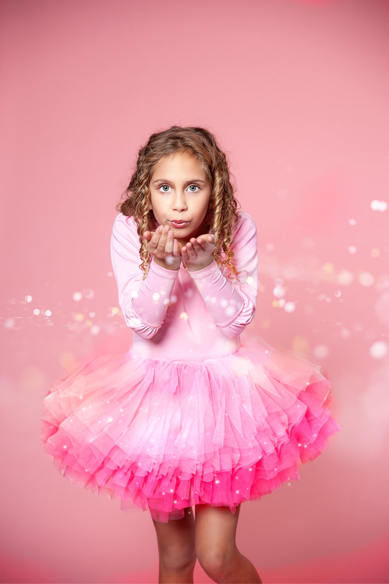 Solid pink tutu 2 piece set long sleeve 6 LAYERS GLITTER TULLE