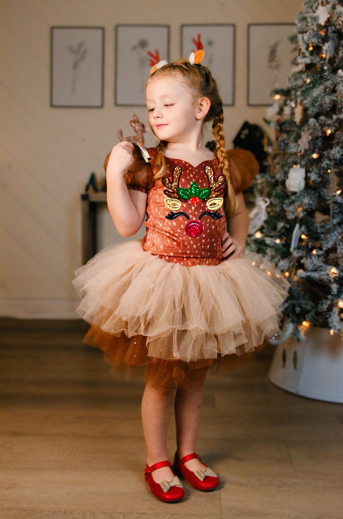 Reindeer on brown two piece tutu set choose your top solid or reindeer print