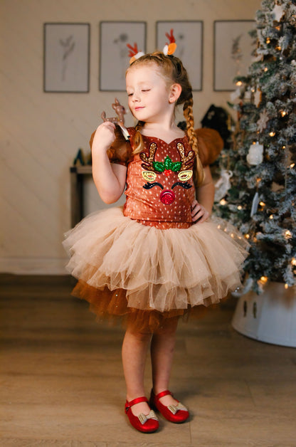 Reindeer on brown two piece tutu set choose your top solid or reindeer print