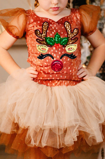 Reindeer on brown two piece tutu set choose your top solid or reindeer print