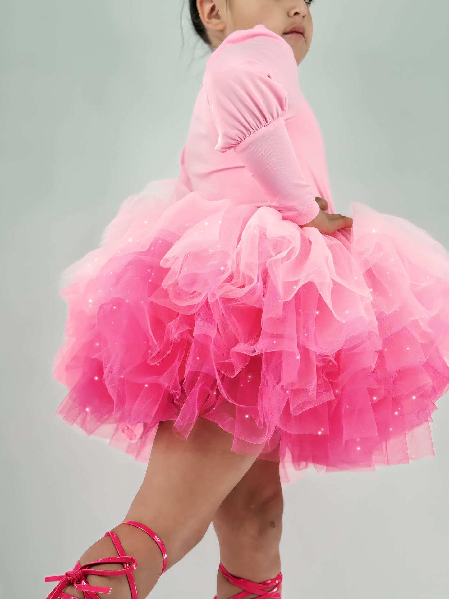 Solid pink tutu 2 piece set long sleeve 6 LAYERS GLITTER TULLE