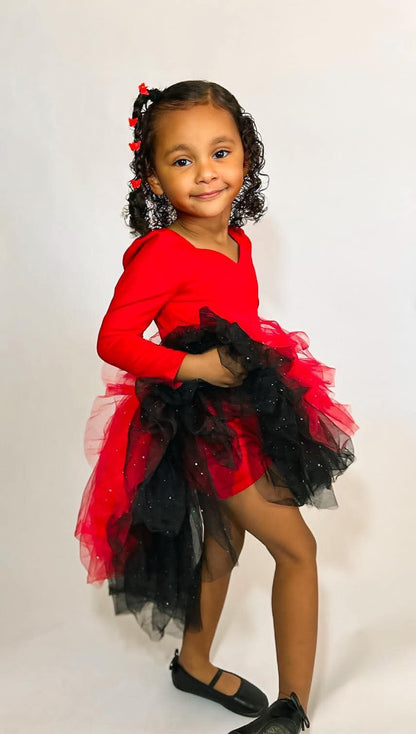 Checkard love image on high low red and black tutu set