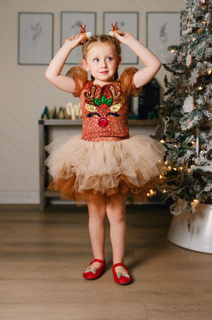 Reindeer on brown two piece tutu set choose your top solid or reindeer print