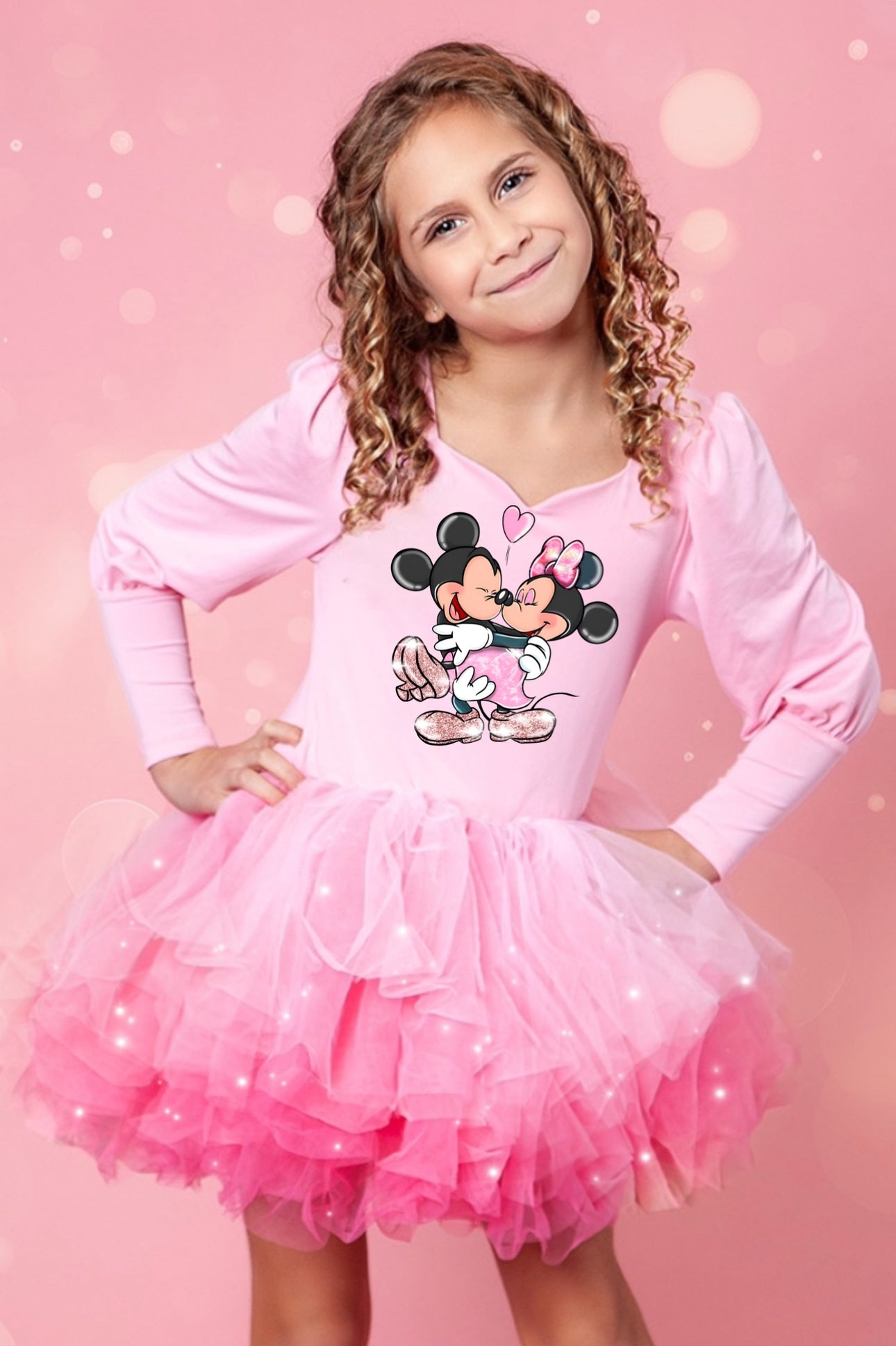 Mickey and minnie love  image on 2 piece pink ombré with glitter soft tulle