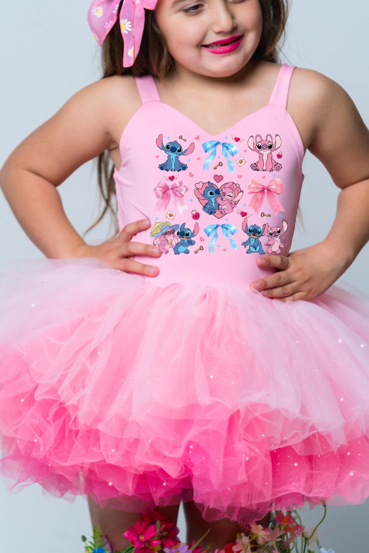 Stitch coquette image on a one piece pink ombré with glitter soft tulle