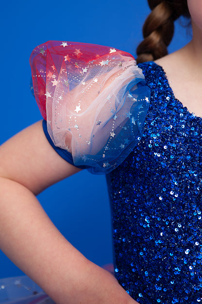 Blue sequin sheer puff sleeve 4 of July TOP ONLY NO TUTU